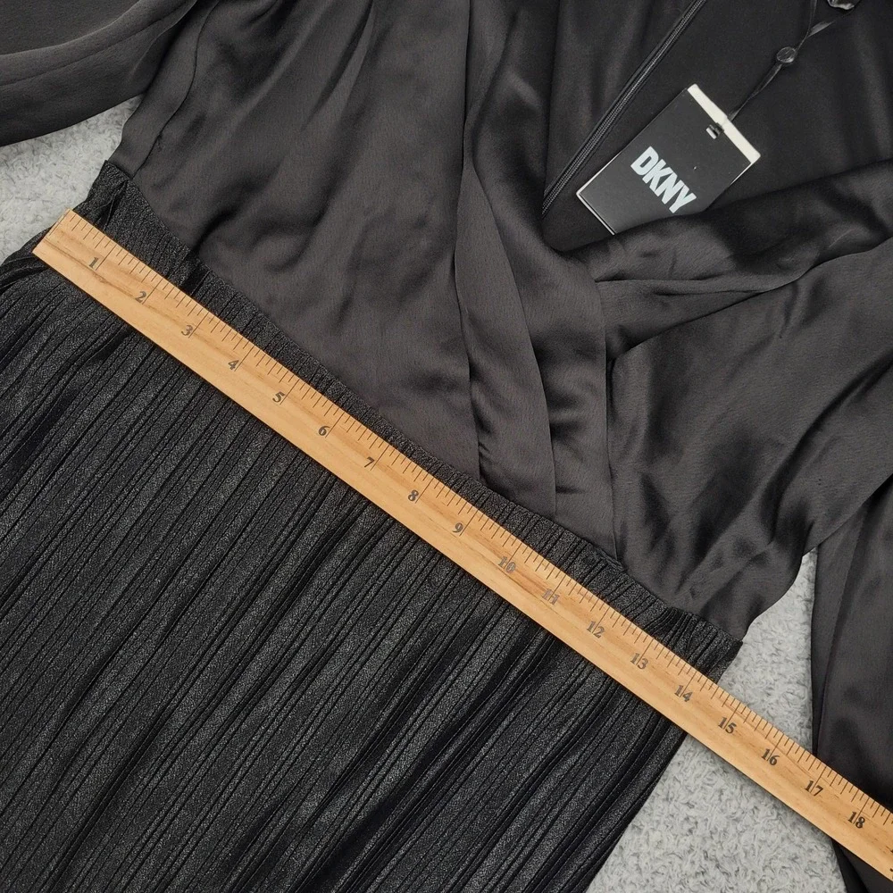 DKNY Black Dress Womens Size 10 Pleated‎ Midi Wrap V Neck Puff Long Sleeve